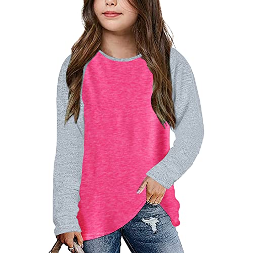 TinaDeer Kinder Mädchen Langarmshirt Spleißen Streifen Longsleeve T-Shirt Lässige Lose Bluse T-Stück Baumwolle Rundhals Langarm Tops für 4-13 Jahre Teenager Mädchen (A1-Hot Pink, 8-9 Years) von TinaDeer