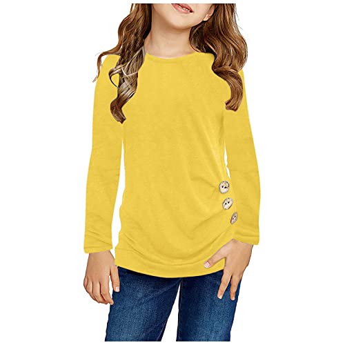 TinaDeer Langarmshirt Mädchen T-Shirt Langarmshirt Lässige Einfarbig Longsleeve Tunika Tops Knoten Vorne Knopf Langarm Lässige Lose Bluse T-Shirt T-Stück (Gelb, 10-11 Jahre) von TinaDeer