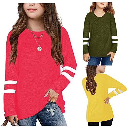 TinaDeer Langarmshirt für Kinder Mädchen Streifen Longsleeve T-Shirt Lässige Lose Bluse T-Stück Baumwolle Rundhals Langarm Tops für 4-13 Jahre Teenager Mädchen (Rot, 10-11 Jahre) von TinaDeer