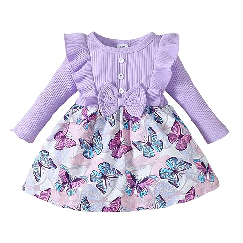 TinaDeer Mädchen Kleinkind Kinder Rundhalsausschnitt Langarm Casual Strand Schmetterlinge Blumendrucke Partykleid Party Kleidung (Purple, 12-18 Months) von TinaDeer