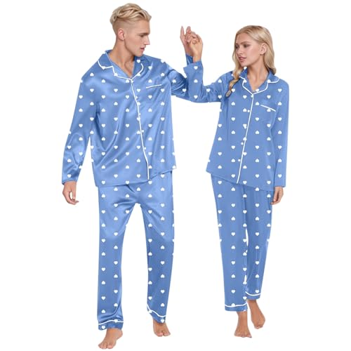 TinaDeer Pyjama Damen Herren Set Partner Pyjama 2er Set für Paare Schlafanzug mit Herz-Aufdruck Zweiteiliges Pyjamahemd Pyjamahose Set Valentinstag Paare Geschenke für Ihn und Sie4 von TinaDeer