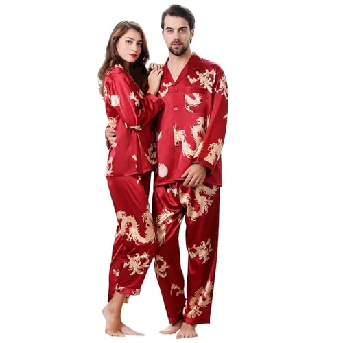 TinaDeer Pyjama für Damen Herren, Partner Pyjama 2er Set für Paare, Pyjamahemd Pyjamahose Herren Damen Set, Chinesischen Drachen Schlafanzug Set, Valentinstag Paare Geschenke für Ihn und Sie von TinaDeer