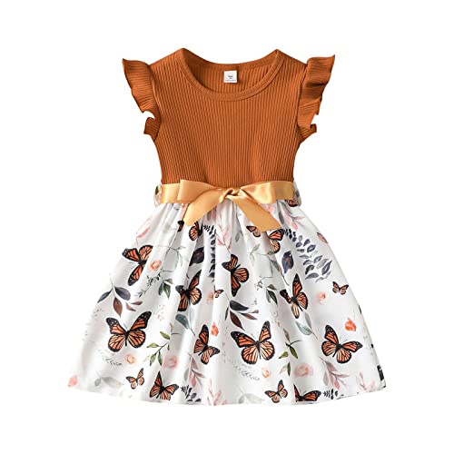 TinaDeer Schwarzer Mädchen 140 Fliegende Hülsen-Schmetterlings-Druck-Kleid-Sommer-Strand-Kleider (Brown, 5-6 Years) von TinaDeer