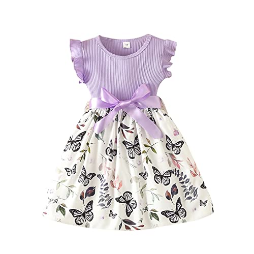 TinaDeer Schwarzer Mädchen 140 Fliegende Hülsen-Schmetterlings-Druck-Kleid-Sommer-Strand-Kleider (Purple, 3-4 Years) von TinaDeer