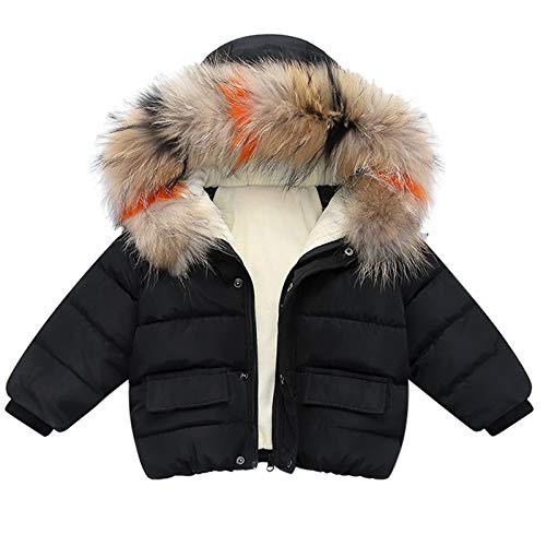 TinaDeer Unisex Baby Winter Jacke Mantel mit Pelzkragen Kapuze Mädchen Jungen Daunenjacke Daunenmantel Winterjacke Steppjacke Outwear Warme Oberbekleidung 1-5 Jahre (Schwarz, 12-18 Monate) von TinaDeer