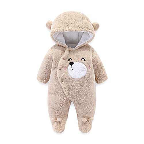 TinaDeer Unisex Baby Winter Overall mit Fuß Winter Strampler Fleece Overall mit Kapuze Schneeanzüge für Neugeborene Kleinkind Mädchen Jungen Warm Jumpsuit für 0-12 Monate (Khaki, 0-3 Monate) von TinaDeer