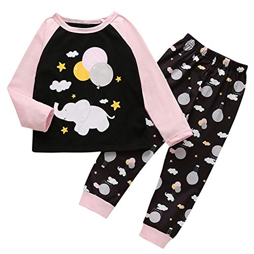 TinaDeer Zweiteiliger Schlafanzüge Nachtwäsche für Baby Kleinkind Kinder Mädchen Jungen Elefant Bedruckte Pyjama Set 80 86 92 98 104 110 116 122 128 (Schwarz, 7-8 Jahre) von TinaDeer