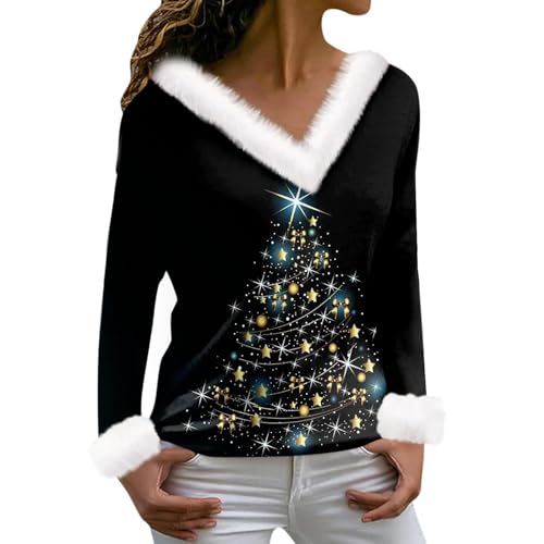 Weihnachten Pullover für Damen 3D Druck Plüsch V Ausschnitt Langarm Pulli Shirt Ugly Christmas Sweater Damen Lustig Weihnachtspullover Weihnachtspulli Weihnachts Sweatshirt von TinaDeer