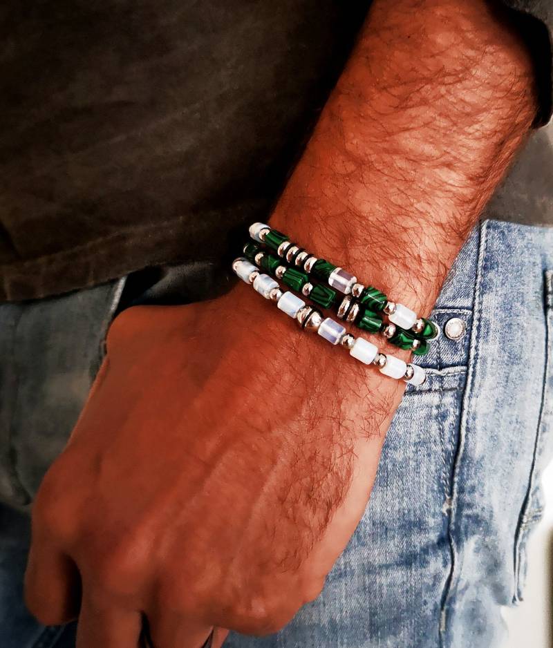 Armband Mit Malachitperlen, Opalperlen, Edelstahlperlen von TinasSchmucktruheCOM