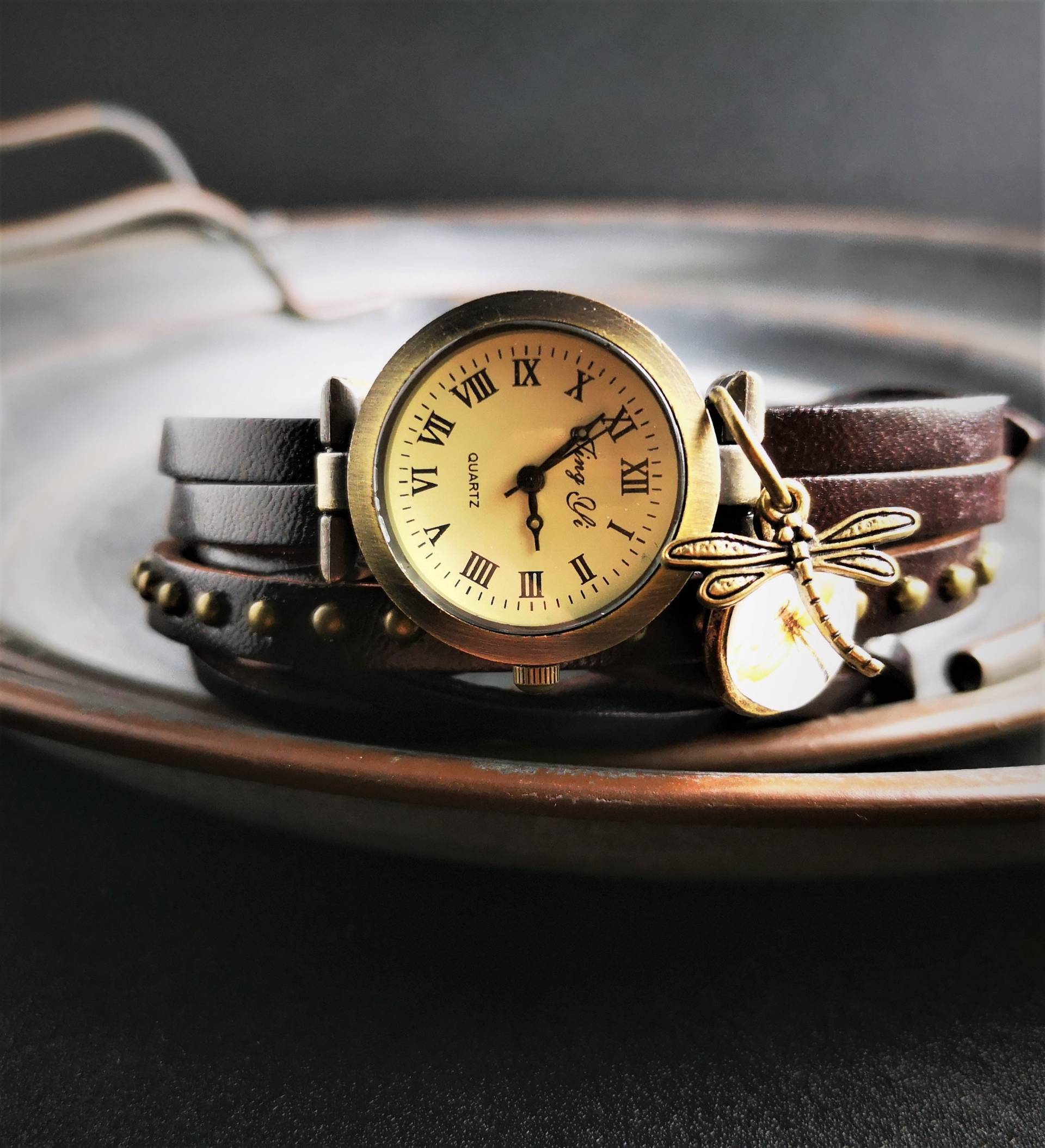 Armbanduhr, Wickeluhr, Lederuhr, Libellentanz von TinasSchmucktruheCOM