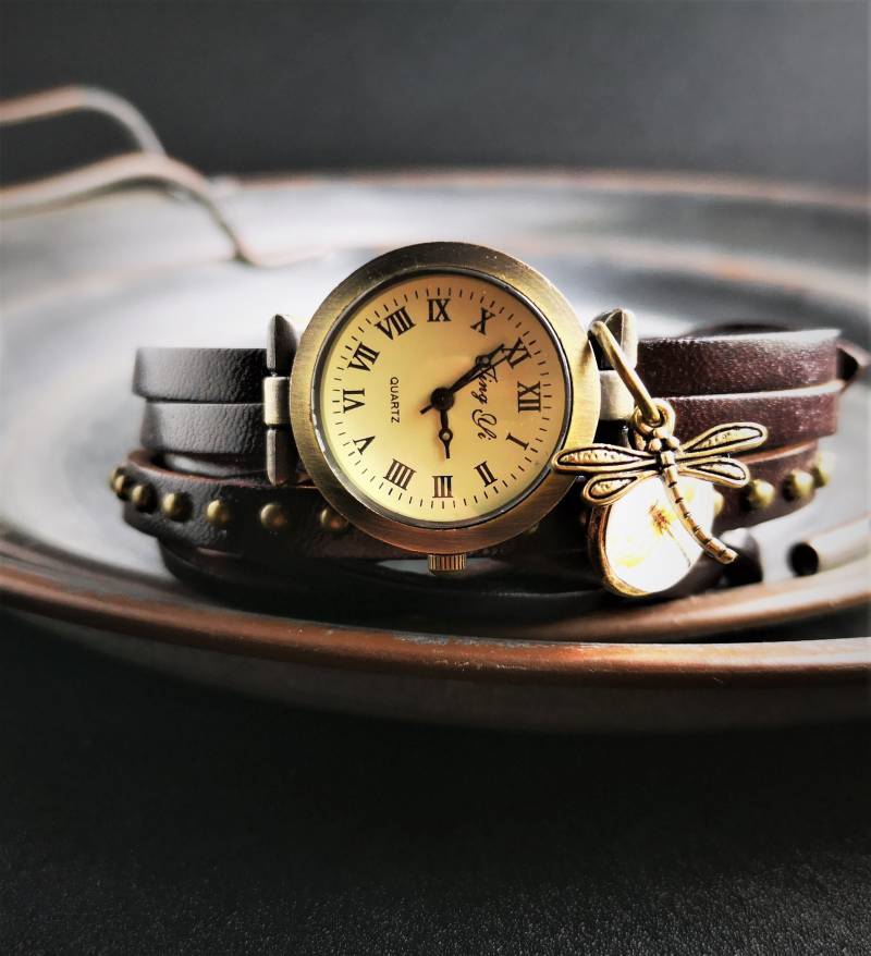 Armbanduhr, Wickeluhr, Lederuhr, Libellentanz von TinasSchmucktruheCOM