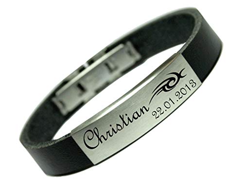 Tinasfunshop Echt Leder Armband 12 mm mit Edelstahl Gravurplatte und Edelstahl Verschluss inkl. Einer Gravur, 23 cm von Tinasfunshop