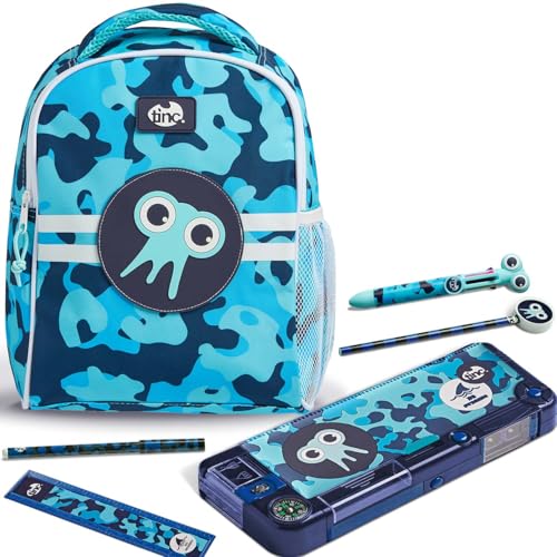Tinc Kinderrucksack Schulranzen + Fach Federmäppchen + Multicolor Kugelschreiber | Verstellbare Träger + Flaschenhalter | für Schule, Zuhause, Jungen & Mädchen | Tonkin Camo Blau von Tinc