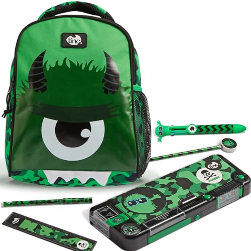 Tinc Kinderrucksack Schultasche + Fach Federmäppchen + mehrfarbiger Kugelschreiber | Verstellbare Träger + Flaschenhalter | für Schule, Zuhause, Jungen & Mädchen | Hugga, Camo Grün von Tinc