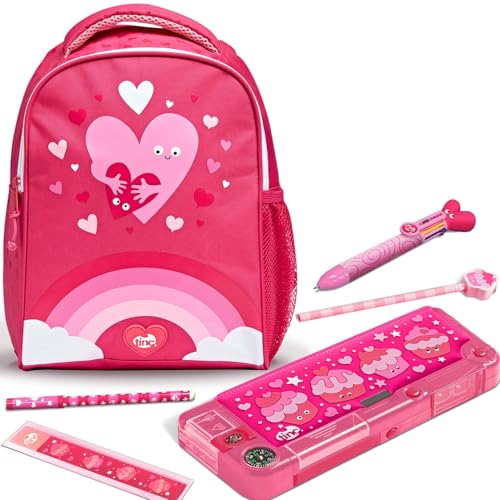 Tinc Kinderrucksack Schultasche + Fach Federmäppchen + mehrfarbiger Kugelschreiber | Verstellbare Träger + Flaschenhalter | für Schule, Zuhause, Jungen & Mädchen | Mallo, Rosa Regenbogen von Tinc