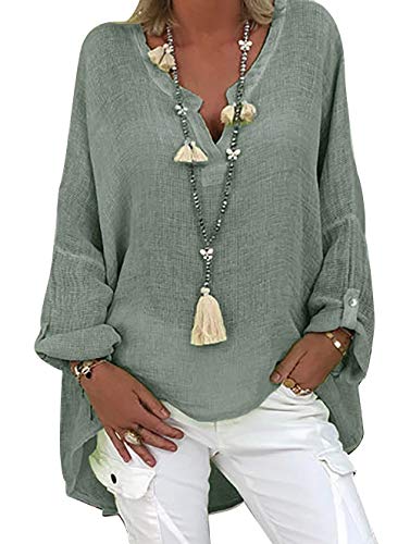 Tincini Leinenbluse Damen Bluse Sommer Tunika V-Ausschnitt Longbluse Große Größen Leinenhemd Blusenshirt Langarmshirt Leinen Baumwolle Hemd Oberteile Shirt (A Grün1, L) von Tincini