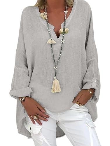 Tincini Leinenbluse Damen Bluse Sommer Tunika V-Ausschnitt Longbluse Große Größen Leinenhemd Blusenshirt Langarmshirt Leinen Baumwolle Hemd Oberteile (F Grau1, XL) von Tincini