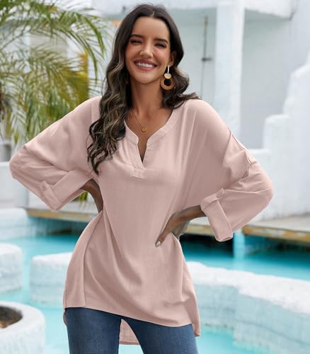 Leinenbluse Damen Bluse Sommer Tunika V-Ausschnitt Longbluse Große Größen Leinenhemd Blusenshirt Langarmshirt Leinen Baumwolle Hemd Oberteile Shirt (F Rosa, 3XL) von Tincini