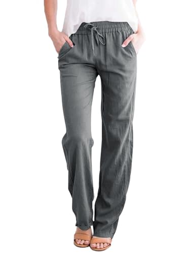 Leinenhose Damen Hose Sommer Musselin Leinen Hosen Stoffhose Einfarbig Freizeithose Gerade Geschnitten Strandhose Sommerhose mit Taschen (Dunkelgrau1, L) von Tincini