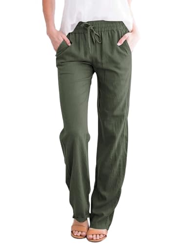 Leinenhose Damen Hose Sommer Musselin Leinen Hosen Stoffhose Einfarbig Freizeithose Gerade Geschnitten Strandhose Sommerhose mit Taschen (Armeegrün, L) von Tincini
