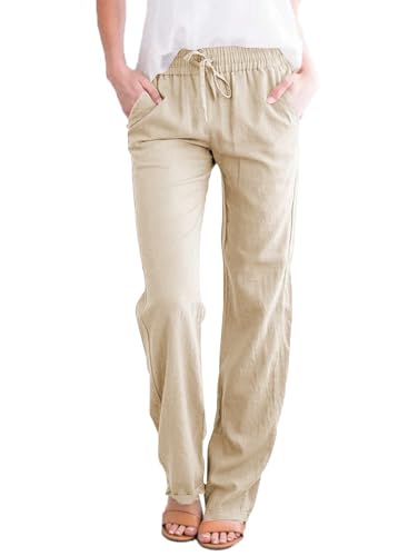 Leinenhose Damen Hose Sommer Musselin Leinen Hosen Stoffhose Einfarbig Freizeithose Gerade Geschnitten Strandhose Sommerhose mit Taschen (Khaki, S) von Tincini