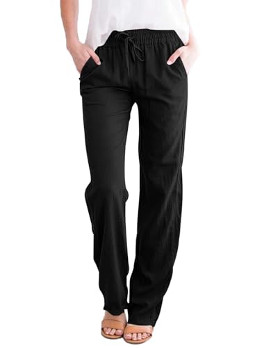 Leinenhose Damen Hose Sommer Musselin Leinen Hosen Stoffhose Einfarbig Freizeithose Gerade Geschnitten Strandhose Sommerhose mit Taschen (Schwarz, L) von Tincini
