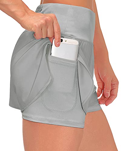 Shorts Damen Sommer Kurze Hosen Damen 2 in 1 Laufshorts Sport Running Shorts Fitness Sporthose Yoga Tennis Jogging Beiläufige Elastisch Schnelltrocknende (A Hellgrau,M) von Tincini
