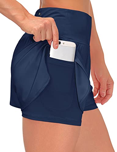 Shorts Damen Sommer Sport Shorts Kurze Hosen 2 in 1 Laufshorts Fitness Sporthose Running Yoga Jogging Beiläufige Elastisch Schnelltrocknende Shorts (A Marine, M) von Tincini