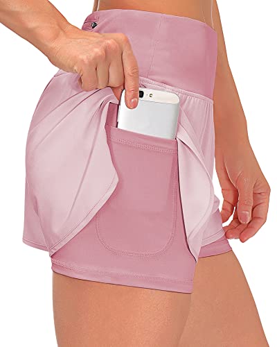 Shorts Damen Sommer Sport Shorts Kurze Hosen 2 in 1 Laufshorts Fitness Sporthose Running Yoga Jogging Beiläufige Elastisch Schnelltrocknende Shorts (A Rosa, L) von Tincini