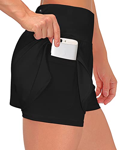 Shorts Damen Sommer Sport Shorts Kurze Hosen 2 in 1 Laufshorts Fitness Sporthose Running Yoga Jogging Beiläufige Elastisch Schnelltrocknende Shorts (A Schwarz, M) von Tincini