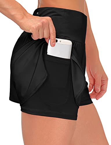 Shorts Damen Sommer Kurze Hosen Damen 2 in 1 Laufshorts Sport Running Shorts Fitness Sporthose Yoga Tennis Jogging Beiläufige Elastisch Schnelltrocknende (AA Schwarz, XXL) von Tincini