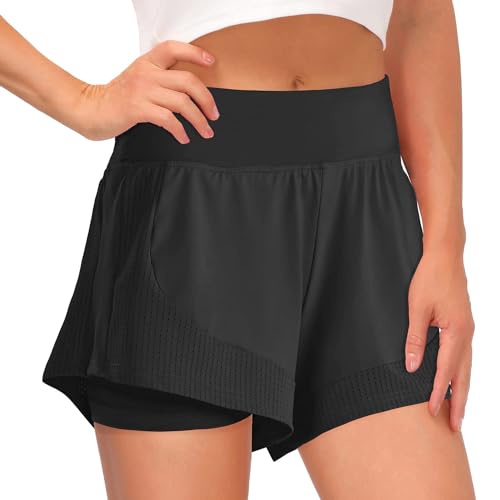 Shorts Damen Sommer Sport Shorts Kurze Hosen 2 in 1 Laufshorts Fitness Sporthose Running Yoga Jogging Beiläufige Elastisch Schnelltrocknende Shorts (B Schwarz, M) von Tincini