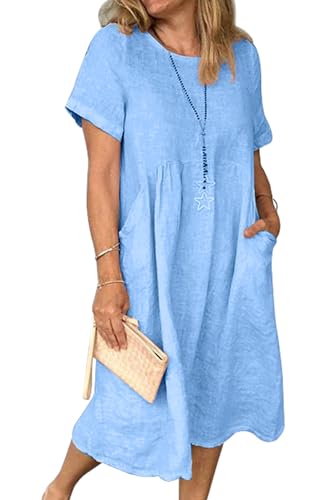 Sommerkleid Damen Leinen Kleider Casual V-Ausschnitt Midikleid Kurzarm A-Linie Kleid Strandkleid (E Blau, L) von Tincini