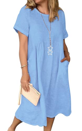 Sommerkleid Damen Leinen Kleider Casual V-Ausschnitt Midikleid Kurzarm A-Linie Kleid Strandkleid (E Blau, XL) von Tincini