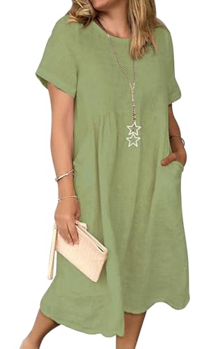 Sommerkleid Damen Leinen Kleider Casual V-Ausschnitt Midikleid Kurzarm A-Linie Kleid Strandkleid (E Grün, M) von Tincini