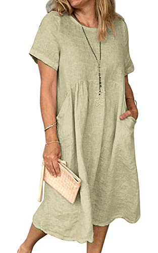 Sommerkleid Damen Leinen Kleider Casual V-Ausschnitt Midikleid Kurzarm A-Linie Kleid Strandkleid (E Khaki, 3XL) von Tincini