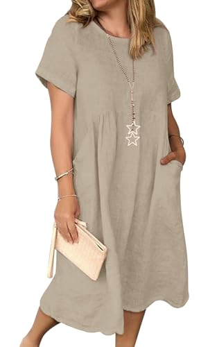 Sommerkleid Damen Leinen Kleider Casual V-Ausschnitt Midikleid Kurzarm A-Linie Kleid Strandkleid (E Khaki, XL) von Tincini