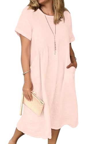 Sommerkleid Damen Leinen Kleider Casual V-Ausschnitt Midikleid Kurzarm A-Linie Kleid Strandkleid (E Rosa, S) von Tincini