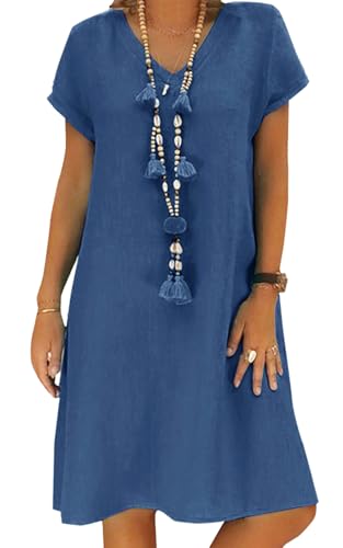 Sommerkleid Damen Leinen Kleider Casual V-Ausschnitt Midikleid Kurzarm A-Linie Kleid Strandkleid Ohne Zubehör (A Blau, S) von Tincini