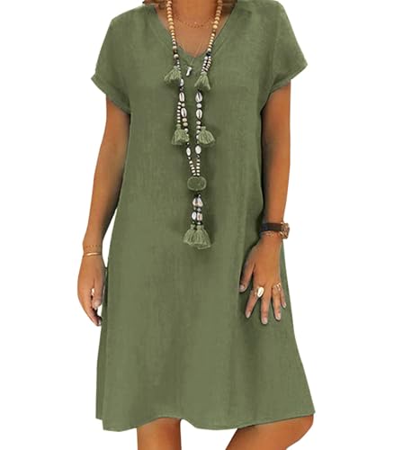 Sommerkleid Damen Leinen Kleider Casual V-Ausschnitt Midikleid Kurzarm A-Linie Kleid Strandkleid Ohne Zubehör (A Dunkelgrün, S) von Tincini
