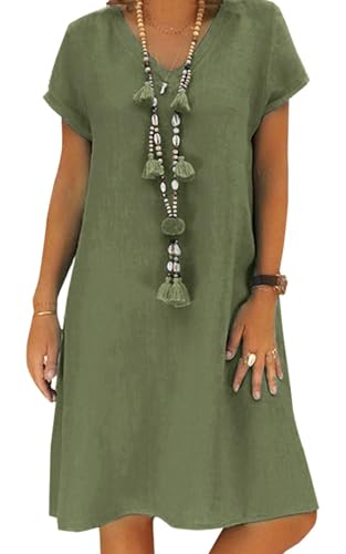 Sommerkleid Damen Leinen Kleider Casual V-Ausschnitt Midikleid Kurzarm A-Linie Kleid Strandkleid Ohne Zubehör (A Dunkelgrün, XL) von Tincini