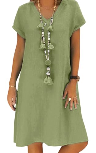 Sommerkleid Damen Leinen Kleider Casual V-Ausschnitt Midikleid Kurzarm A-Linie Kleid Strandkleid Ohne Zubehör (A Grün, S) von Tincini