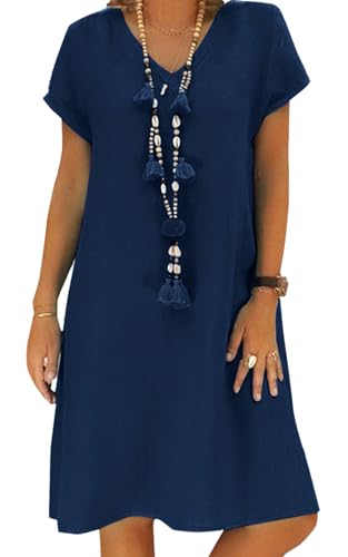 Sommerkleid Damen Leinen Kleider Casual V-Ausschnitt Midikleid Kurzarm A-Linie Kleid Strandkleid Ohne Zubehör (A Marine, 3XL) von Tincini