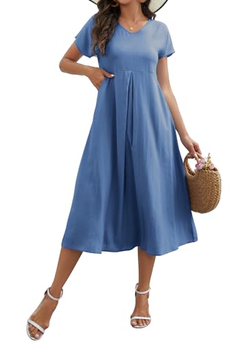 Sommerkleid Damen Leinenkleid V-Ausschnitt Leinen Kleider Große Größen Strandkleid Sommer Casual Freizeitkleid Kurzarm A-Linie Kleid mit Taschen (Blau, L) von Tincini