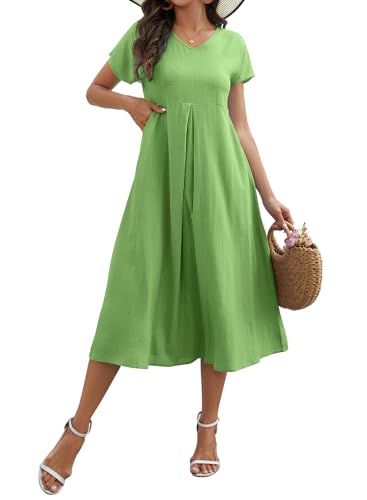 Sommerkleid Damen Leinenkleid V-Ausschnitt Leinen Kleider Große Größen Strandkleid Sommer Casual Freizeitkleid Kurzarm A-Linie Kleid mit Taschen (Grün, 3XL) von Tincini