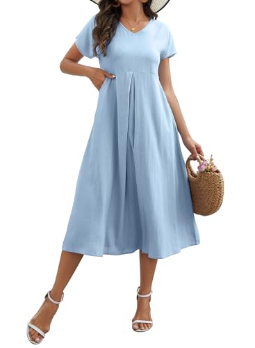 Sommerkleid Damen Leinenkleid V-Ausschnitt Leinen Kleider Große Größen Strandkleid Sommer Casual Freizeitkleid Kurzarm A-Linie Kleid mit Taschen (Hellblau, 3XL) von Tincini