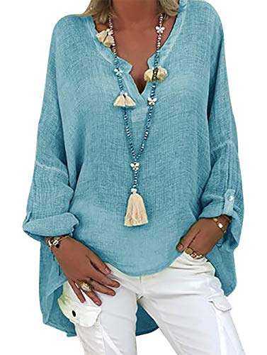 Tincini Leinenbluse Damen Bluse Sommer Tunika V-Ausschnitt Longbluse Große Größen Leinenhemd Blusenshirt Langarmshirt Leinen Baumwolle Hemd Oberteile Shirt(A Blau, XXL) von Tincini