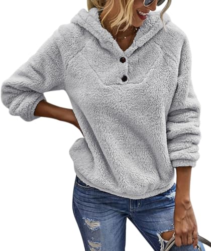 Tincini Hoodie Damen Teddy Fleece Kapuzenpullover Warm Pullover Casual Einfarbig Langarm Sweatshirt Hoodies (Grau, M) von Tincini