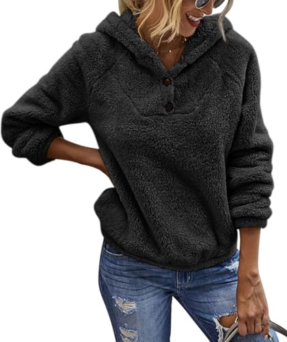 Tincini Hoodie Damen Teddy Fleece Kapuzenpullover Warm Pullover Casual Einfarbig Langarm Sweatshirt Hoodies (Schwarz, XL) von Tincini