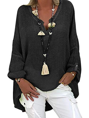 Tincini Leinenbluse Damen Bluse Sommer Tunika V-Ausschnitt Große Größen Blusenshirt Damen Langarmshirt Leinen Baumwolle Hemd Oberteile Druck Shirt (A Schwarz2, XXL) von Tincini